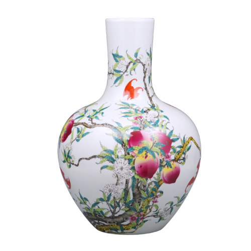 景德镇陶瓷器粉彩九桃花瓶大号天球客厅摆件插花新中式家居装饰品