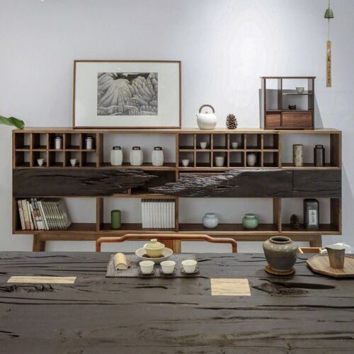 侘寂风展示架 实木博古架餐边柜茶叶柜储物架可订作 茶杯架