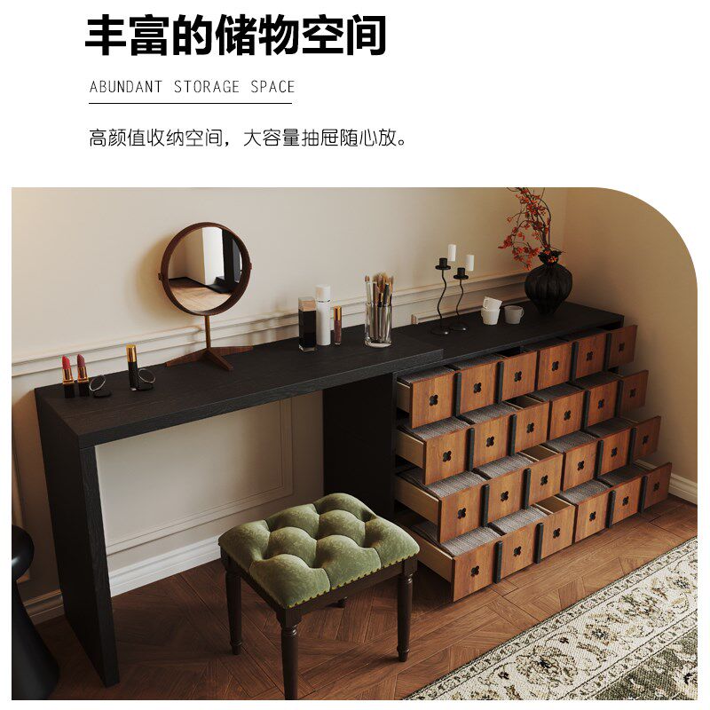 柚木色梳妆台书桌二合一中古风实木美式卧室床尾柜法式复古收纳柜