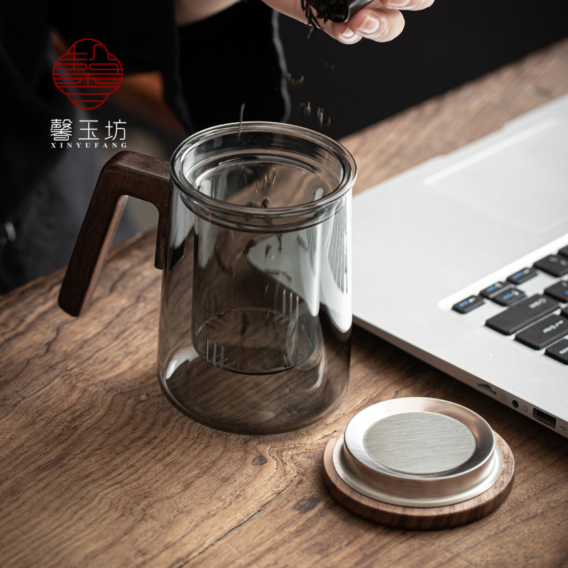 日式菸灰色玻璃水杯大容量茶水分离泡茶杯男士办公室喝茶杯子个人