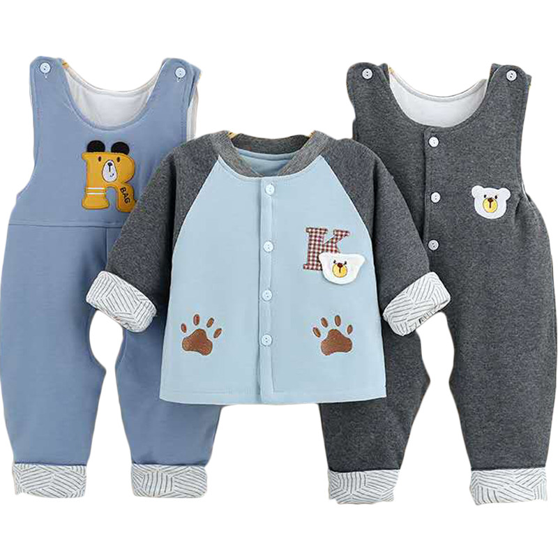 婴儿春秋季薄棉三件套小宝宝纯棉双背带裤子套装男童女童纯棉套装