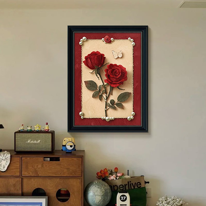 法式中古风玄关挂画珍珠玫瑰花复古油画走廊过道挂画餐厅壁画高档