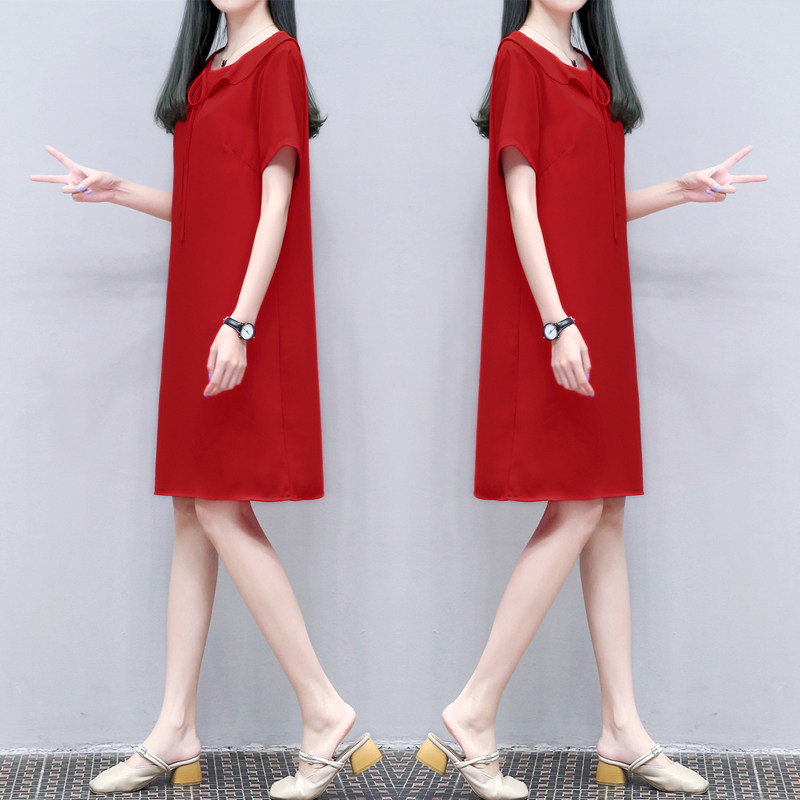 2021夏季新款女装时尚翻领大红色裙子休闲中长款宽松显瘦连衣裙女