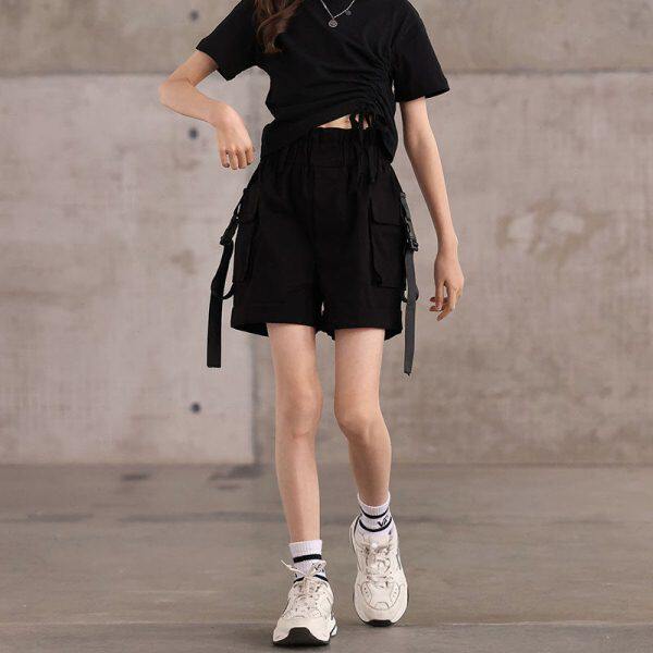 女童工装短裤外穿潮中大童夏装休闲洋气夏季儿童宽松黑色街舞裤子