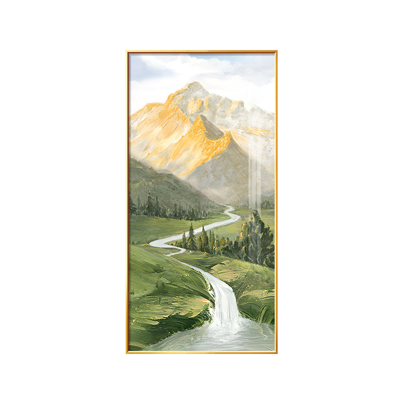 山水风景画玄关装饰画日照金山走廊过道挂画玄幻壁画竖版手绘油画