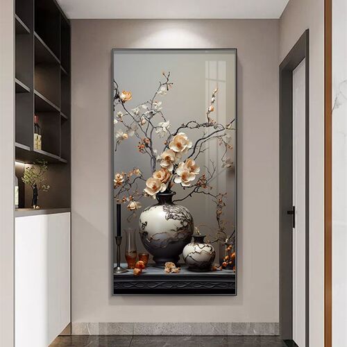 北欧玄关装饰画花卉走廊过道挂画侘寂风进门墙画客厅入户竖版壁画