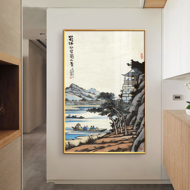 国画丰子恺挂画新中式入户玄关装饰画免打孔门厅走廊尽头竖版壁画