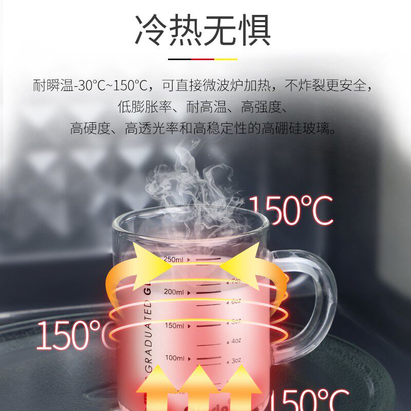 带刻度耐热卡通牛奶杯子量杯儿童带把玻璃水杯冲泡奶粉可爱早餐杯