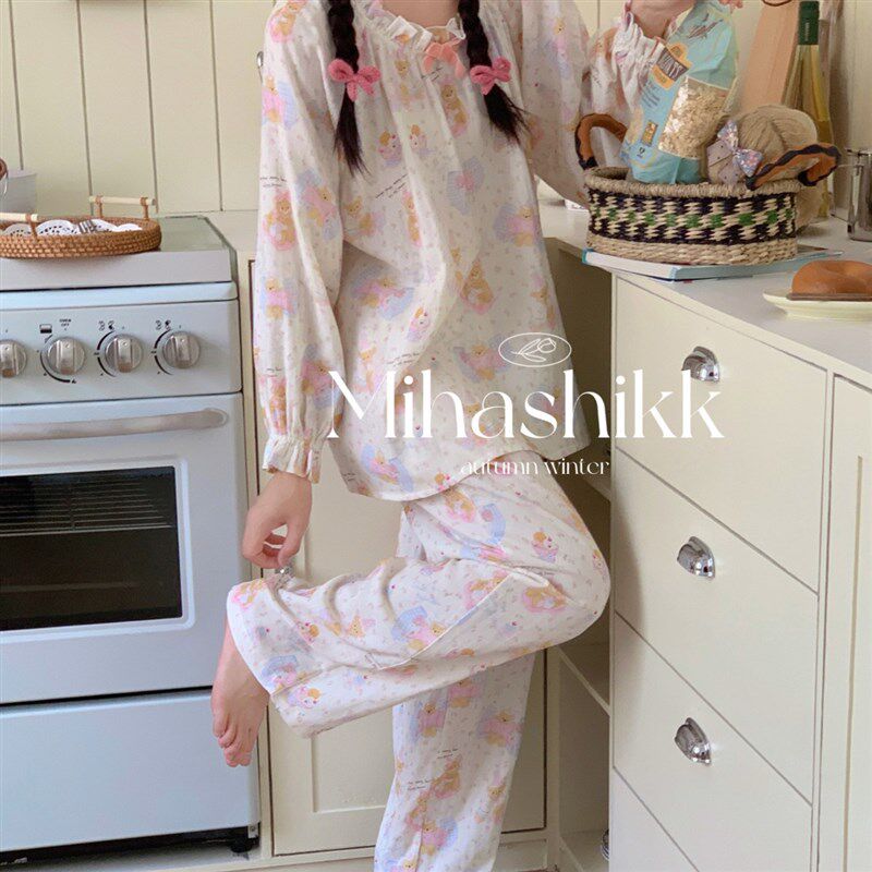 新款少女A类棉纱睡衣少女花边婴儿棉长袖长裤套装居家服宽松舒适