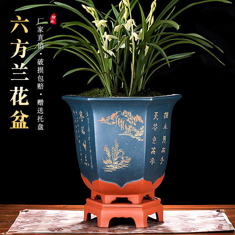 宜兴紫砂花盆陶瓷大号六角室内特大号客厅金弹子紫砂盆景盆带底座