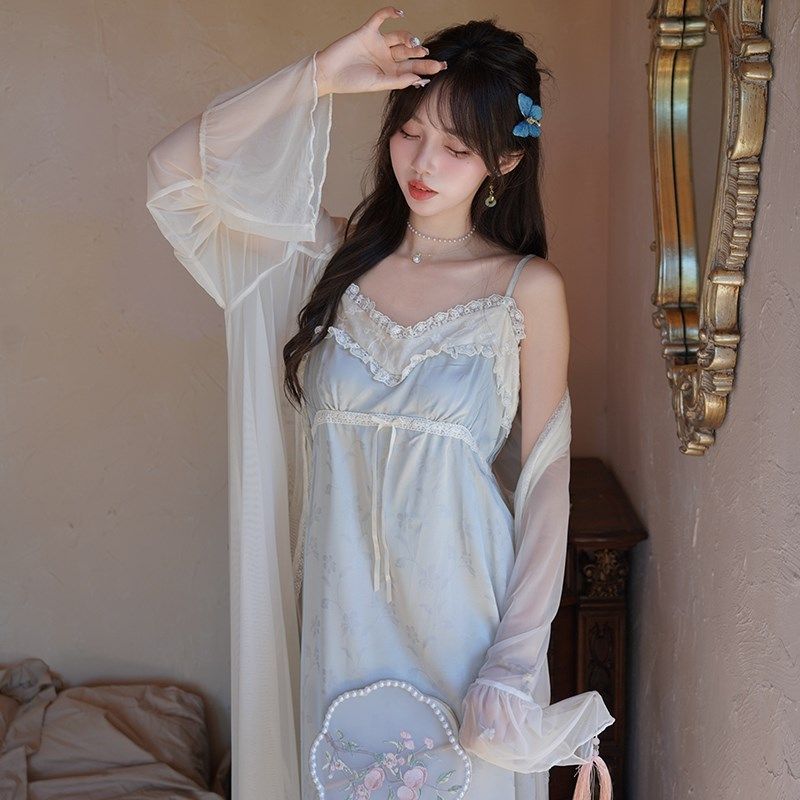 冰丝绸带胸垫吊带睡裙晨袍两件套女春秋季高级感轻奢新中式睡衣秋