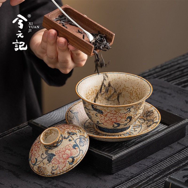 手绘青花火石红三才盖碗茶杯家用单个高档陶瓷带盖泡茶碗功夫茶具
