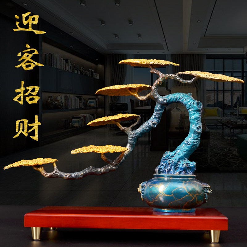 铜松树艺术品迎客松鹿摆件别墅客厅酒柜玄关装饰高端乔迁开业礼物