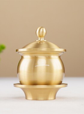 带盖纯黄铜供水杯佛堂家用小号佛具圣水杯供奉财神观音佛前净水杯