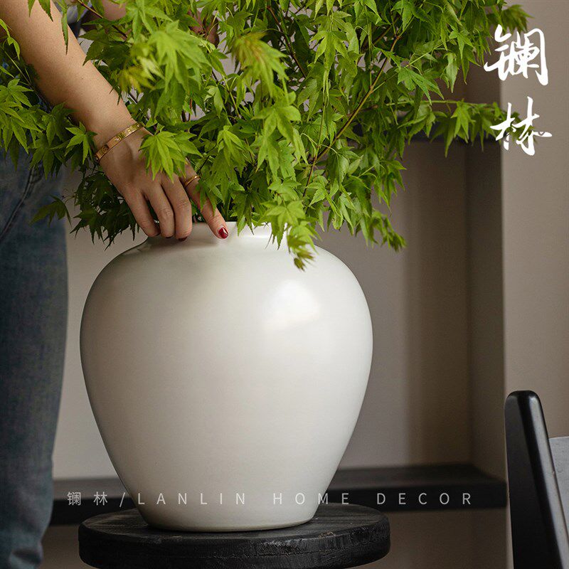 新中式白色陶瓷花瓶景德镇客厅插花玄关装饰品花器复古粗陶罐思语