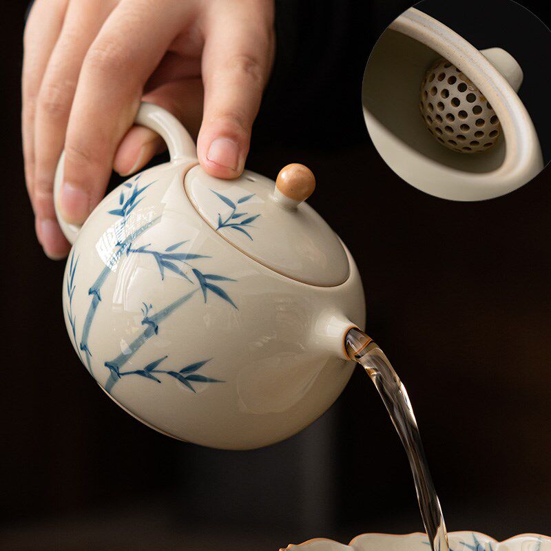 茶具套装草木灰釉下彩手绘竹轻奢高档陶瓷泡茶壶盖碗礼盒功夫整套