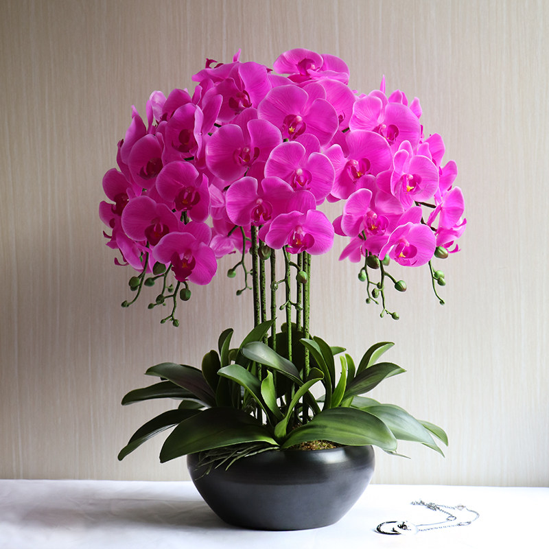 高档假花超真超大盆栽黄色蝴蝶兰仿真花套装客厅玄关装饰花艺摆件