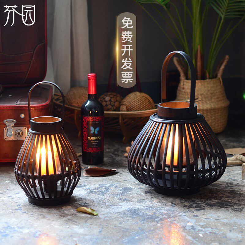 新中式落地黑色烛台摆件欧式竹编玻璃灯笼餐馆蜡烛台座托台风灯