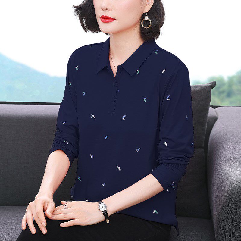 2025春秋装新款妈妈纯棉长袖t恤女中老年洋气polo衬衫上衣打底衫