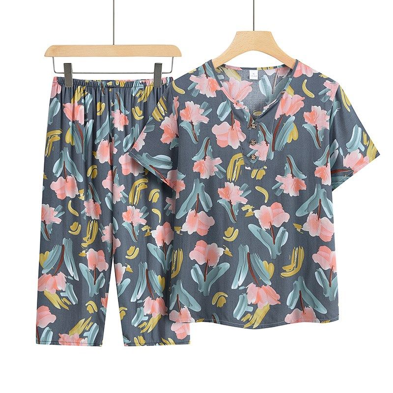 奶奶夏装套装2024新款妈妈短袖衣服老年人绵绸睡衣中老年女居家服