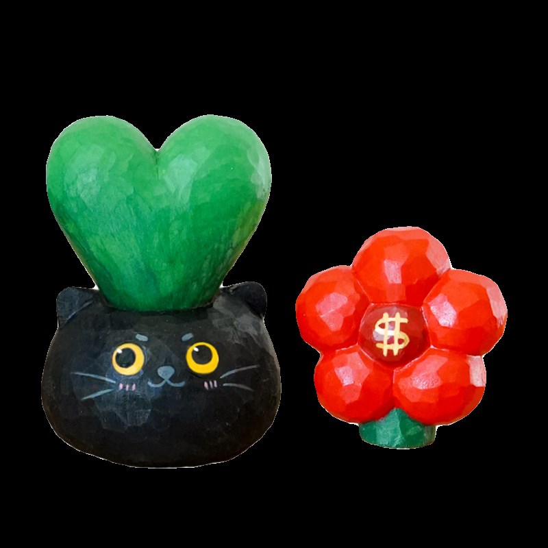 有钱花摆件黑猫招财猫盆栽桌面木雕放轻松车载送女生闺蜜生日礼物