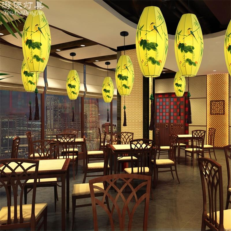 新中式布艺火锅店吊灯中国风创意手绘灯笼餐厅茶楼过道古典艺术灯