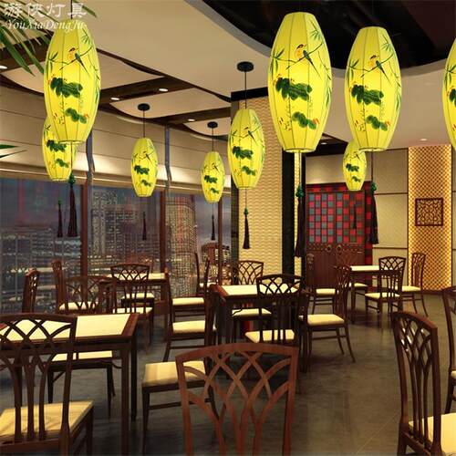 新中式布艺火锅店吊灯中国风创意手绘灯笼餐厅茶楼过道古典艺术灯