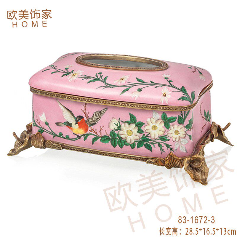 陶瓷配铜纸巾盒 粉色花鸟喜鹊花插摆件 美式家居工艺品床头柜台灯