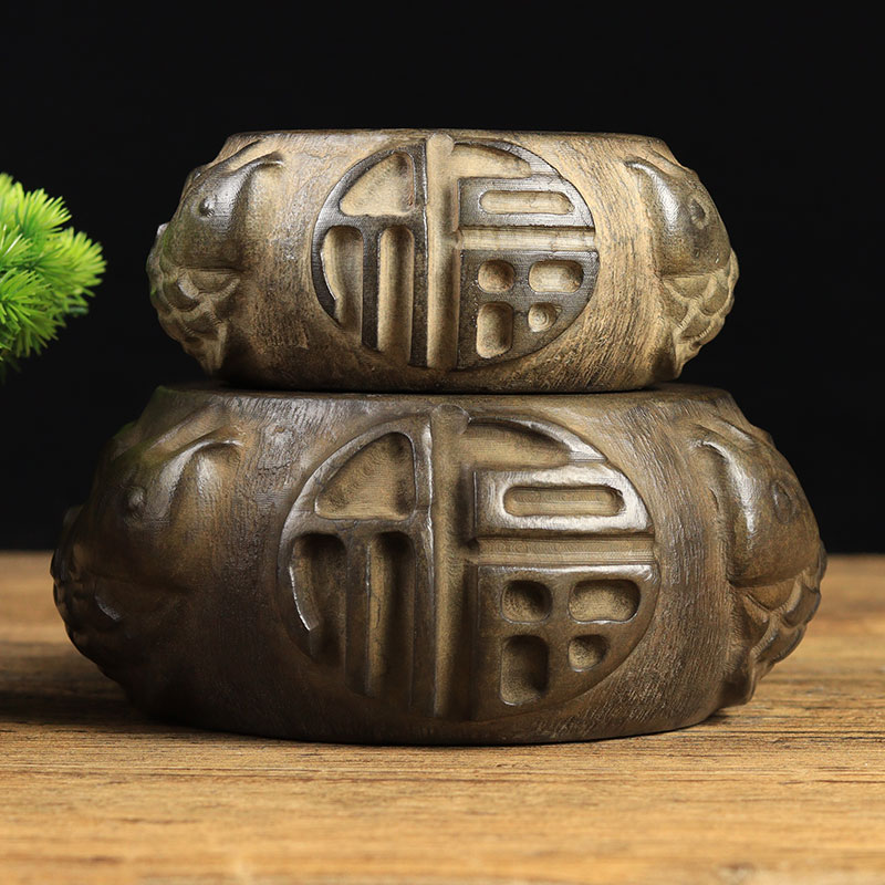 仿古老旧石头青石雕刻 富贵有余石鼓 摆件茶台壶垫陈列摆设底座