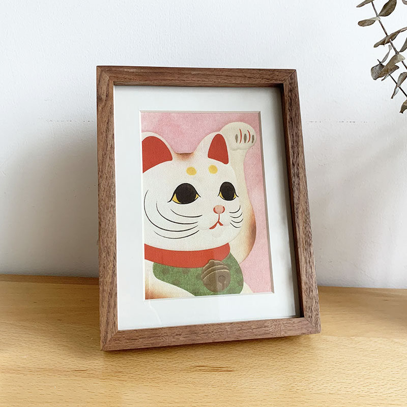 日式招财猫动物装饰画摆台挂画精致个性礼物摆件高档实木透明相框