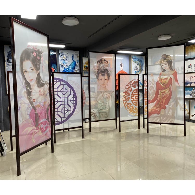 新中式圆形灯画屏风玄关隔断山水发光纱画丝绢半透明装饰挂画定制