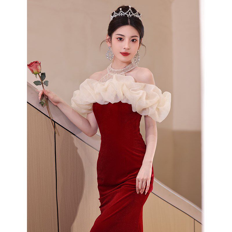 酒红色新娘敬酒服法式一字肩结婚订婚晚礼服裙女高级感鱼尾裙高贵