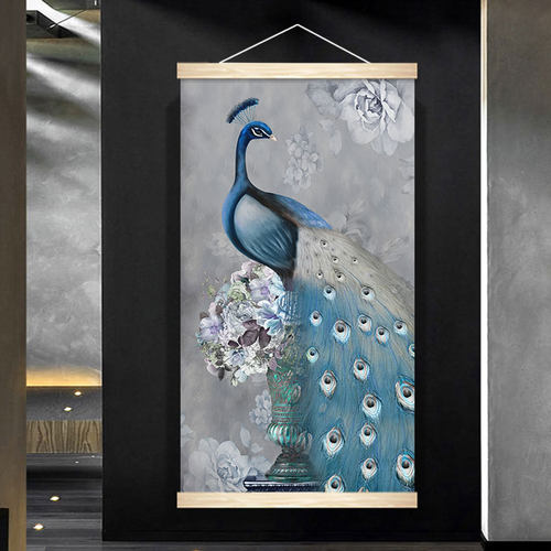 入户玄关画装饰画进门走廊孔雀布艺画轴客厅卧室餐厅壁画过道挂画