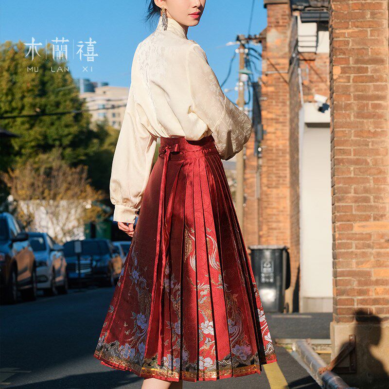 八分中长款改良马面裙 木兰禧【水墨山茶】织金仿妆花红色订婚