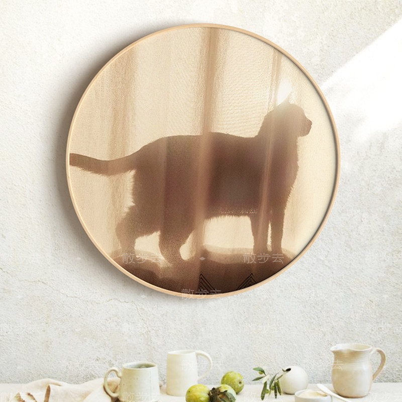 朦胧窗口猫咪剪影实木圆框暖系百搭装饰挂壁画客餐厅榻米走廊纱帘