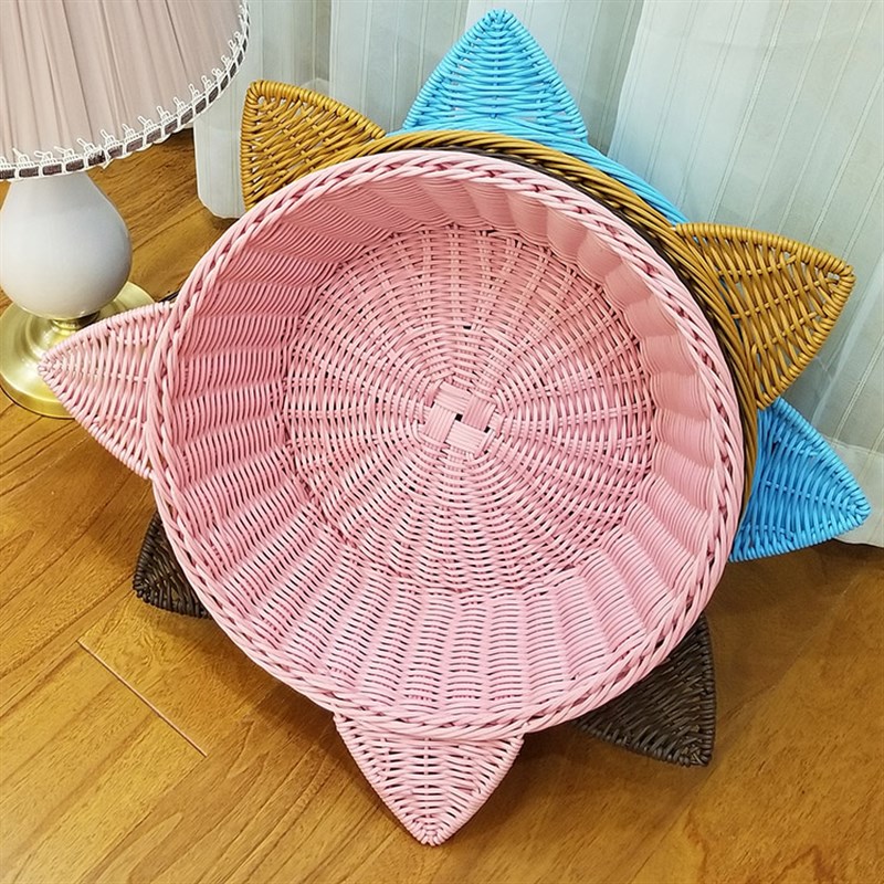 藤编可爱猫头窝 粉色四季猫窝狗窝小型犬 可洗环保宠物用品包邮