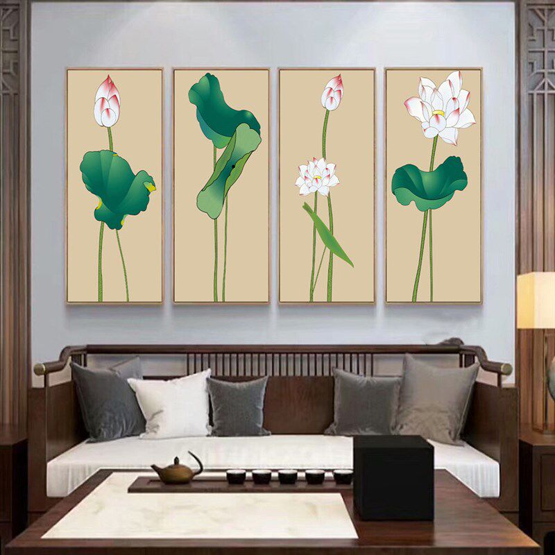 水墨荷花装饰画新中式客厅沙发背景墙四联竖版茶室禅意壁画中国风