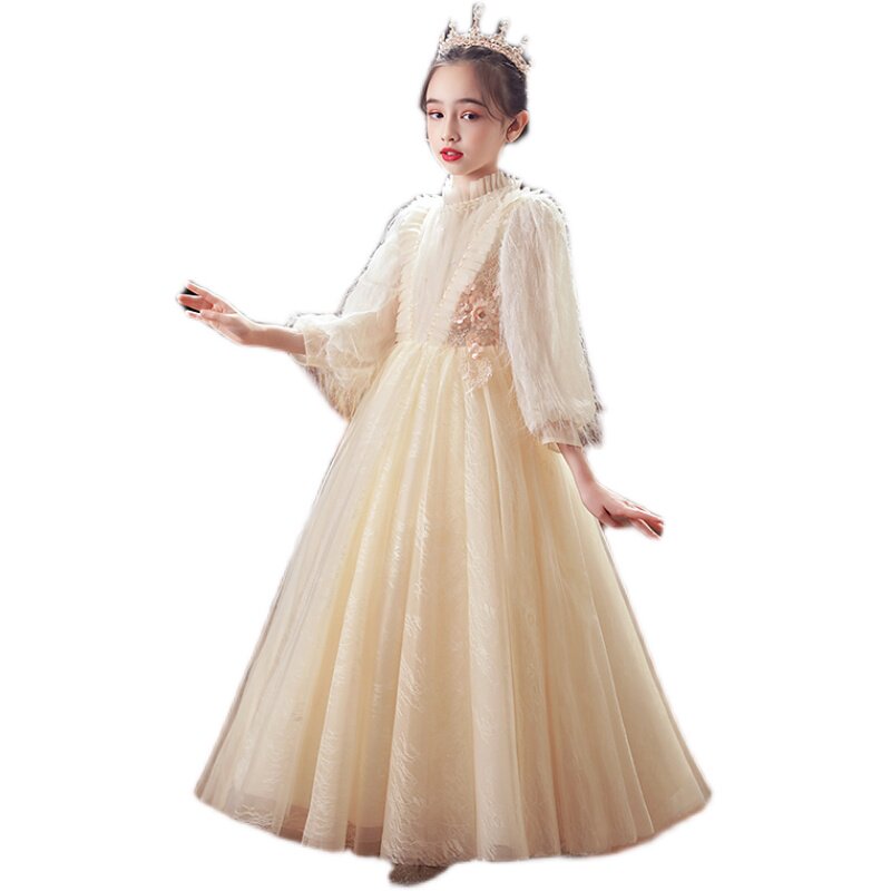 儿童礼服公主裙女童生日长袖小花童婚纱主持人高端钢琴演出服秋冬