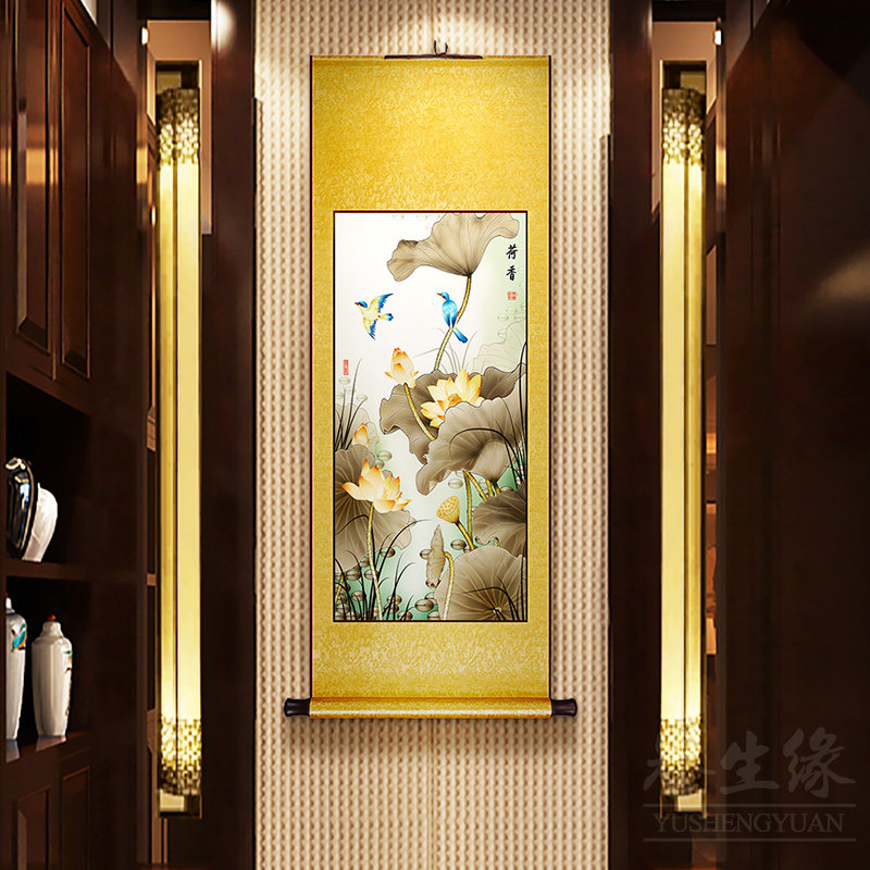 连年有余新中式玄关装饰画卷轴挂画竖版走廊过道壁画餐厅书房墙画