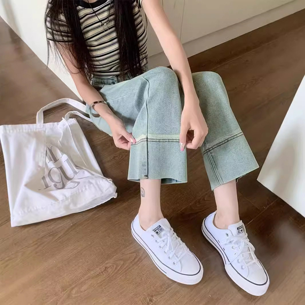 复古浅色牛仔裤女秋季新款高腰显瘦遮跨宽松小个子直筒阔腿长裤子