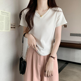不规则下摆修身 纯欲短款 内搭V领短袖 收腰打底衫 上衣 T恤女夏季 韩版