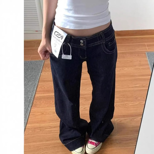 显瘦宽松直筒长裤 美式 新款 女2026年春季 复古水洗蓝色解构感牛仔裤