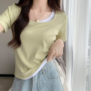 新款 2026夏季 假两件拼接正肩纯欲风棉上衣 方领显瘦t恤女短袖 短款