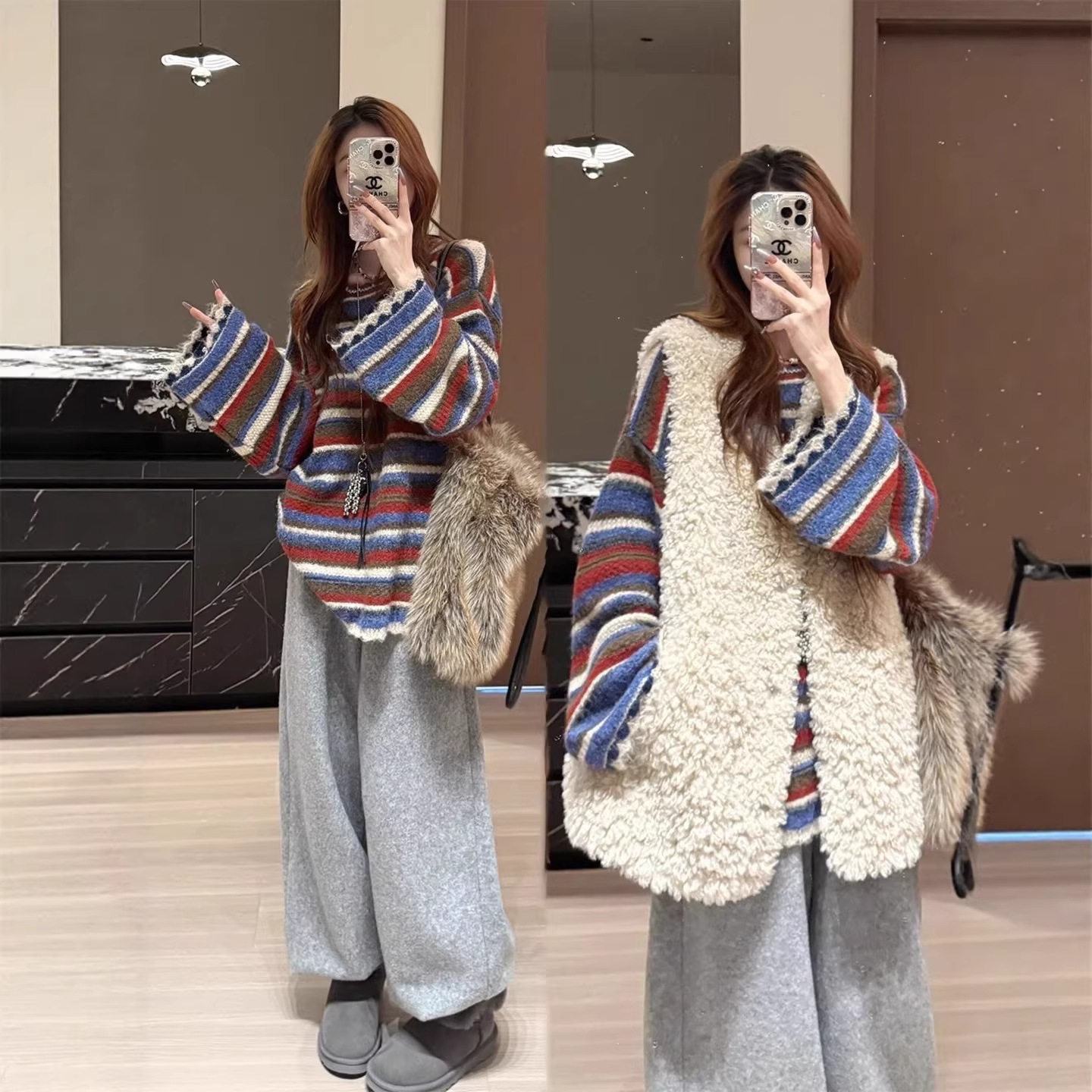 慵懒风撞色条纹内搭2026春季搭配马甲针织毛衣女季保暖叠穿外套