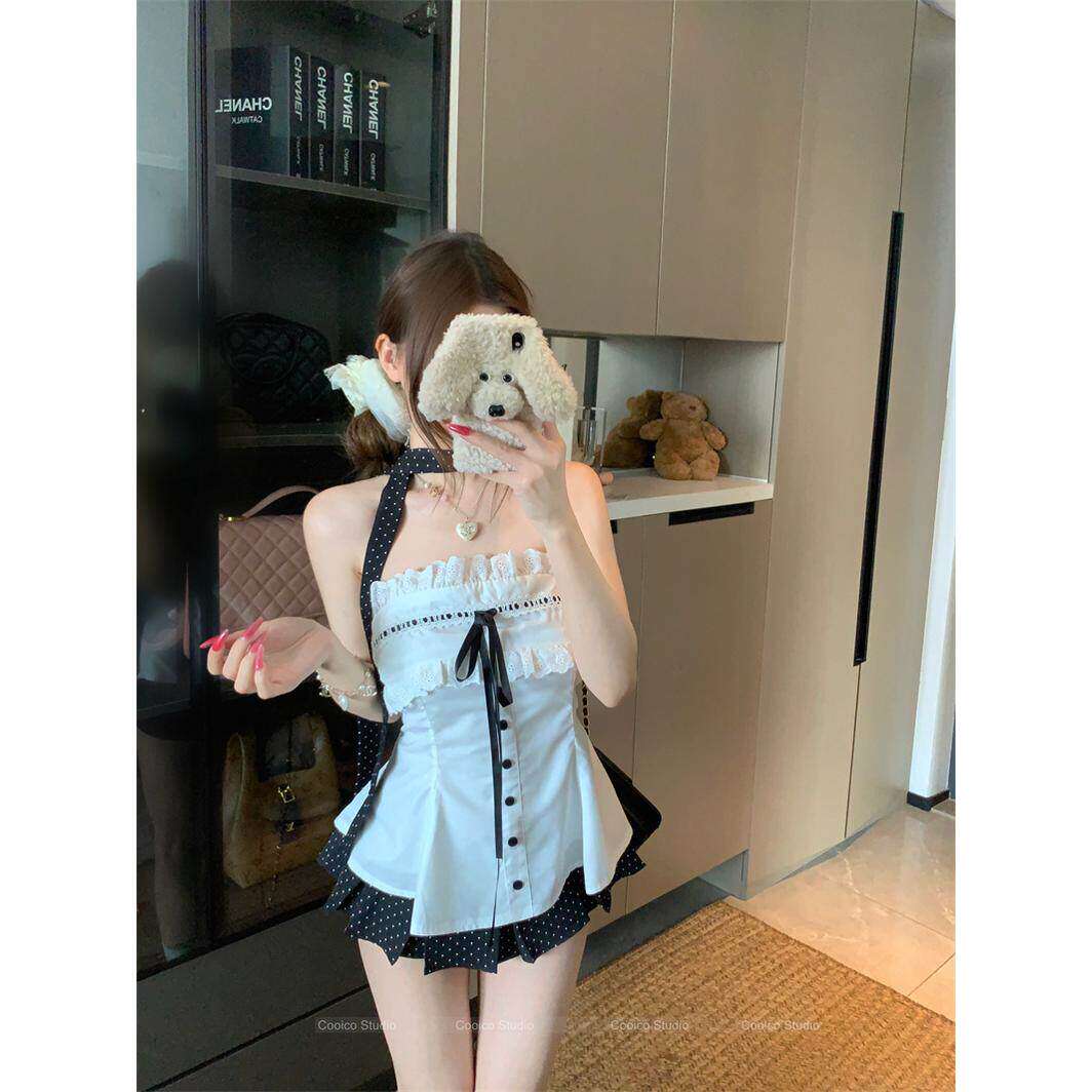甜辣妹系带花边收腰抹胸背心百褶波点短裙女2026夏季新款时尚套装