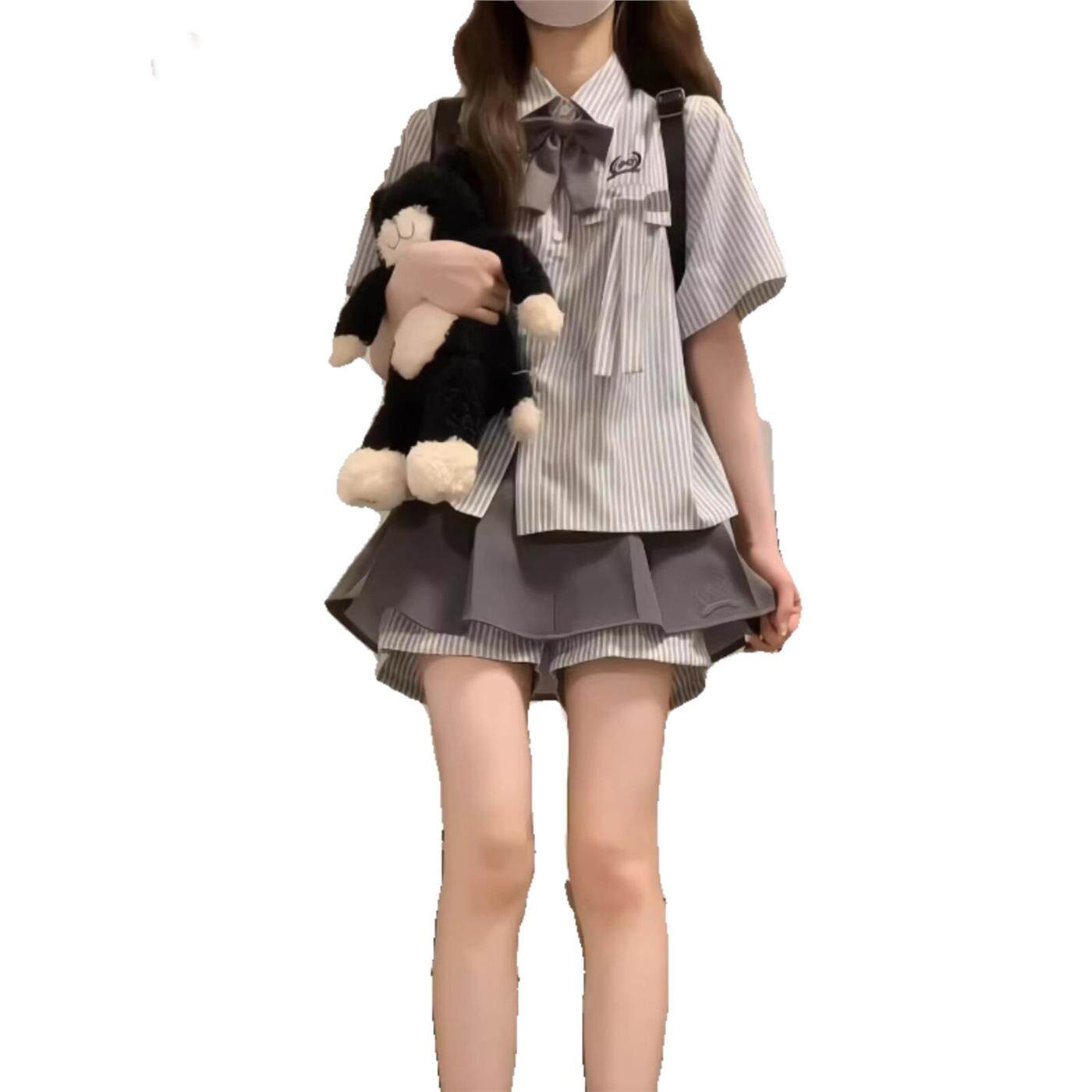 韩系学院风jk制服短裙套装女夏季小个子条纹短袖衬衫半身裙两件套