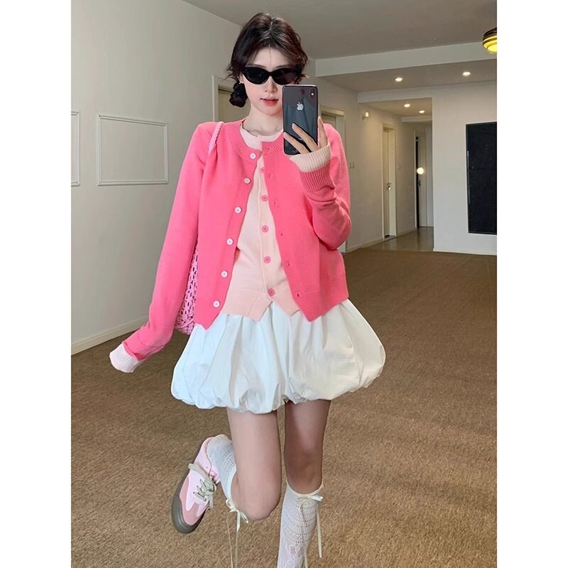 韩系设计感树莓粉色假两件针织开衫女春慵懒高级感毛衣外套上衣