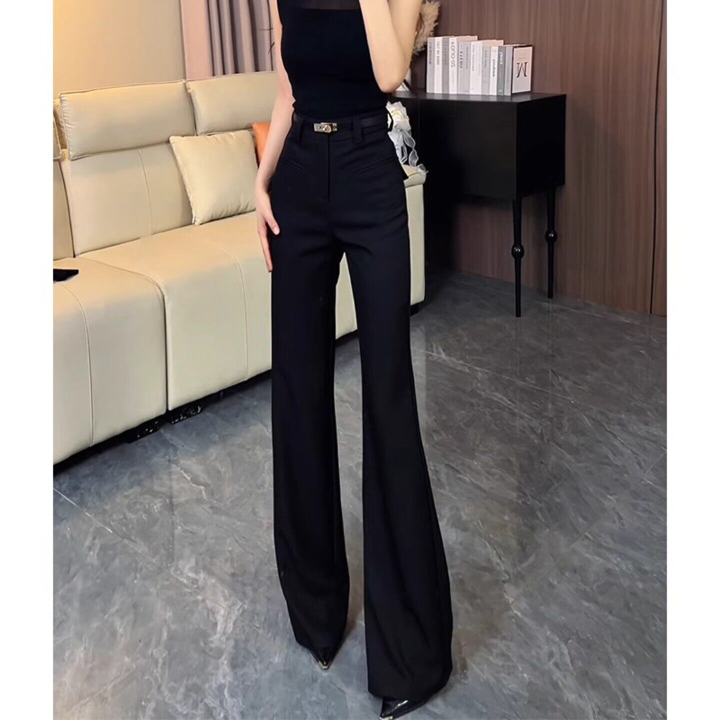 灰色高级感气质微喇西装裤女2026年春夏新款高腰压褶不贴腿喇叭裤