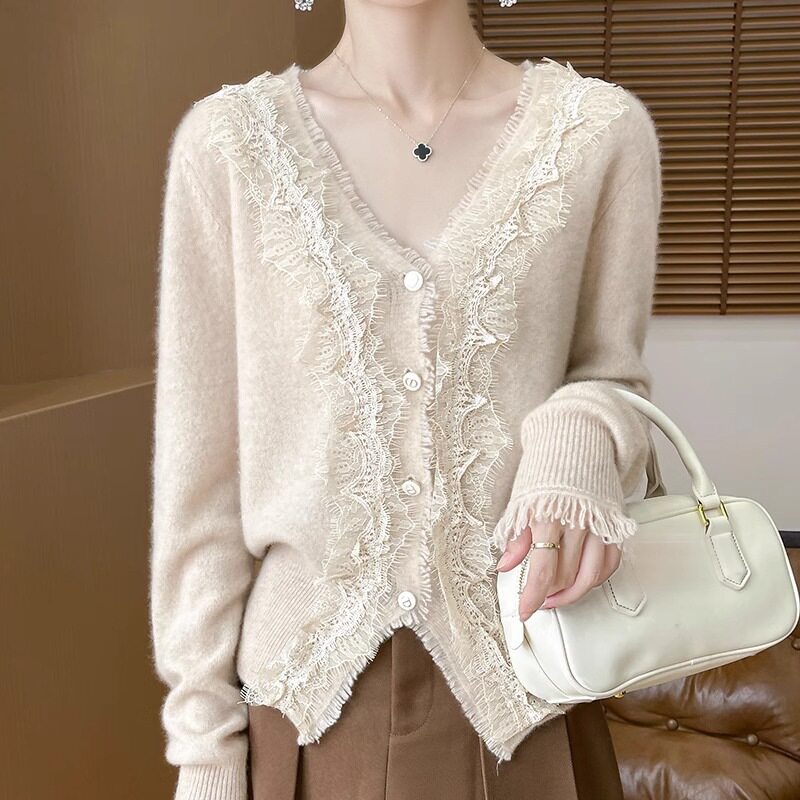 蕾丝v领白色针织打底衫女开衫春新款2026洋气长袖短款毛衣上衣