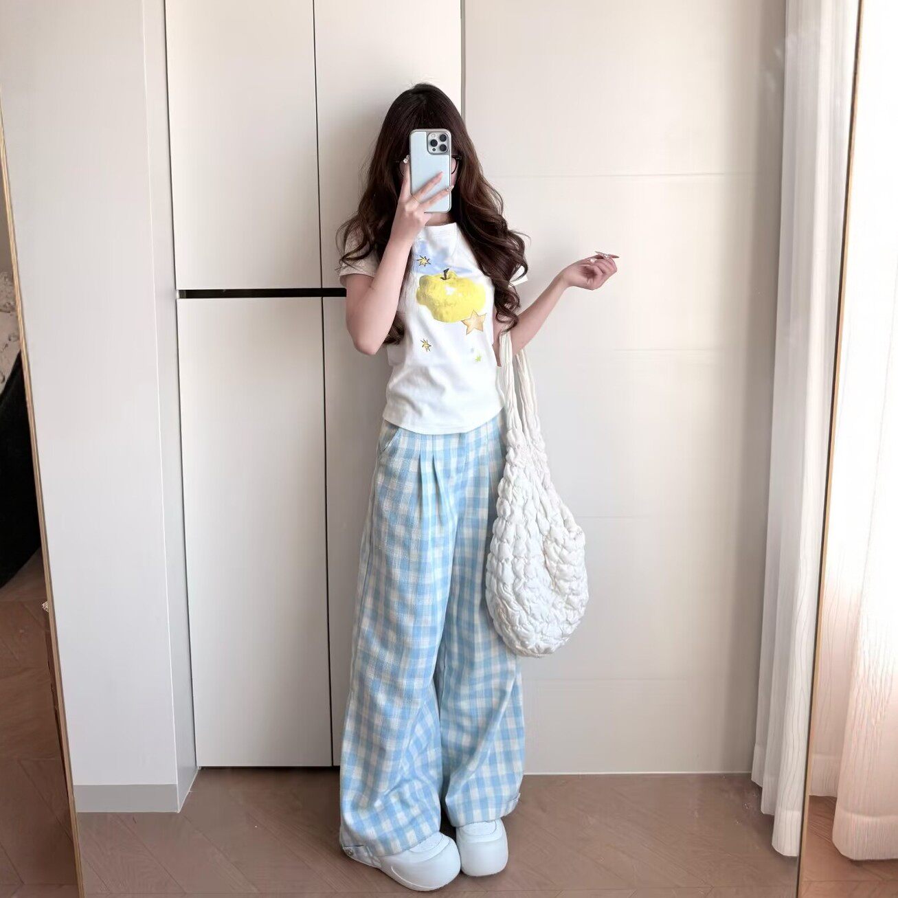 韩版修身休闲运动服套装女夏季印花正肩短袖格子阔腿裤显瘦两件套